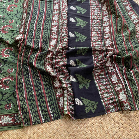 Mul Mul Cotton saree, Jahota Hand Block Printed, Green