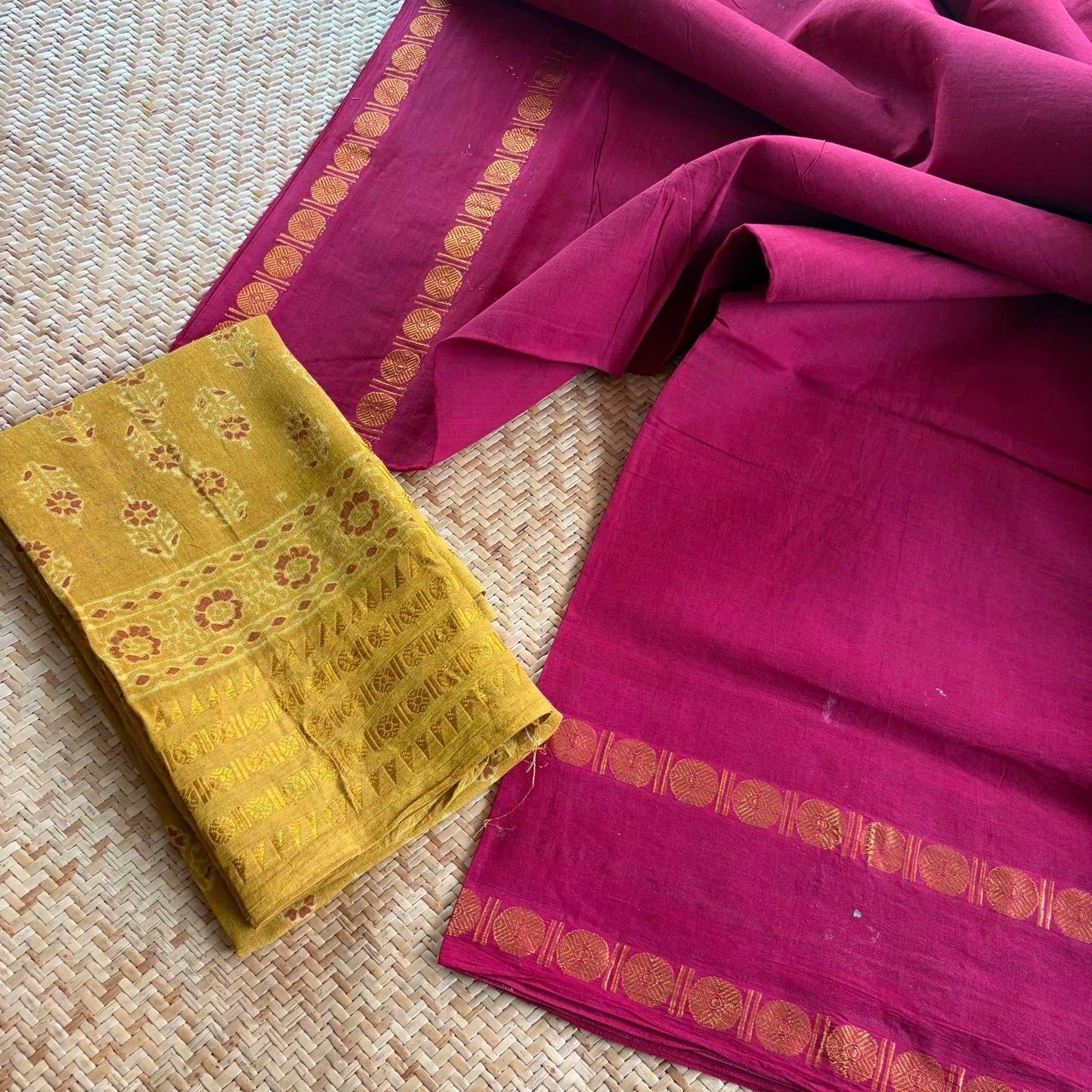 Maroon Saree With Ajrak Blouse , Zari Rudraksham Rettai Pettu Border , Clamp dyed (Kattu sayam)
