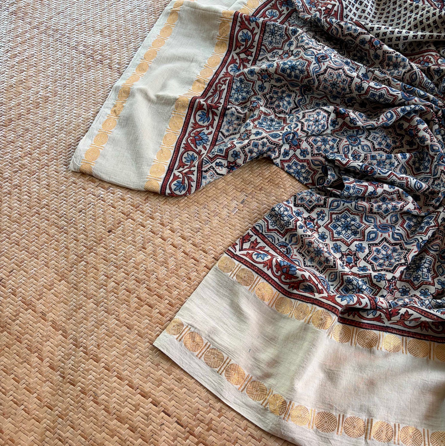 Star Offwhite , Ajrak Hand Block Printed On Madurai Cotton Saree With Zari