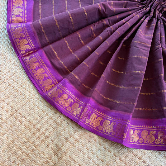 Brown saree with Purple Border, Zari Velthari Madurai Sungadi Saree with blouse
