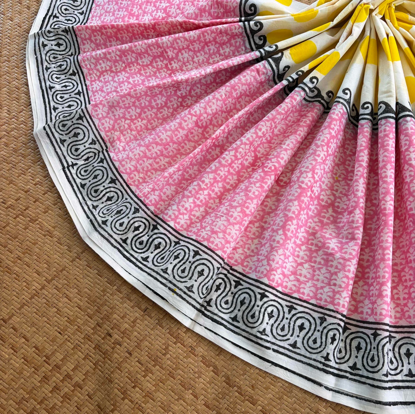 Mul Mul Cotton saree, Hand Block Printed, White