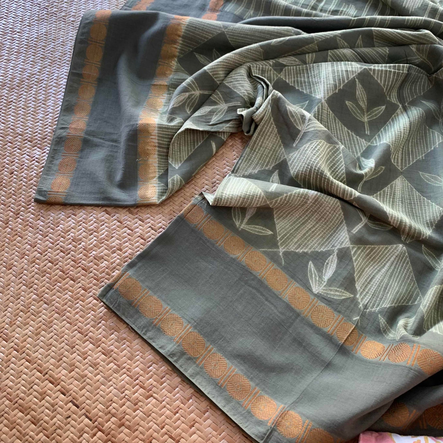 Tea Leaves - Smoke Green, Hand Crafted Shibori Sungudi Cotton Saree