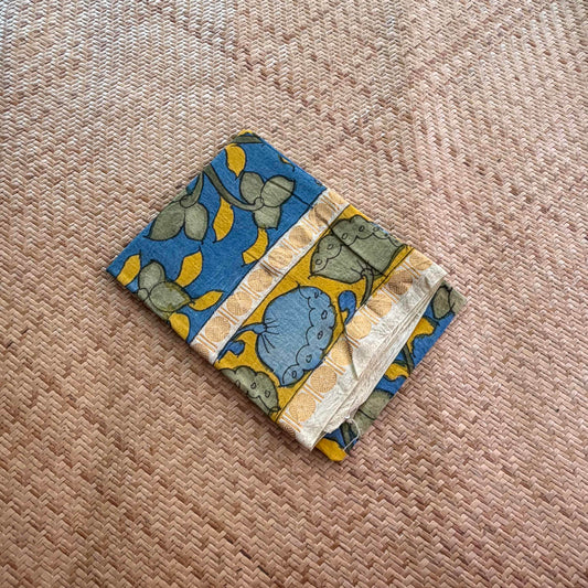 Blue Floral, Kalamkari Hand Painted on a Madurai Sungudi Cotton 1.20 METER FABRIC