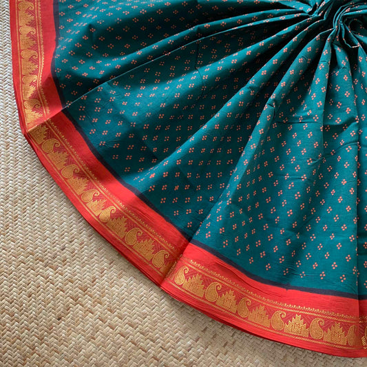 Green With Red Wax Print, Half Fine Zari Premium Sungudi Cotton Sarees