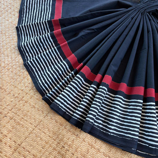 Mul Mul Cotton saree, Hand Block Printed, Black