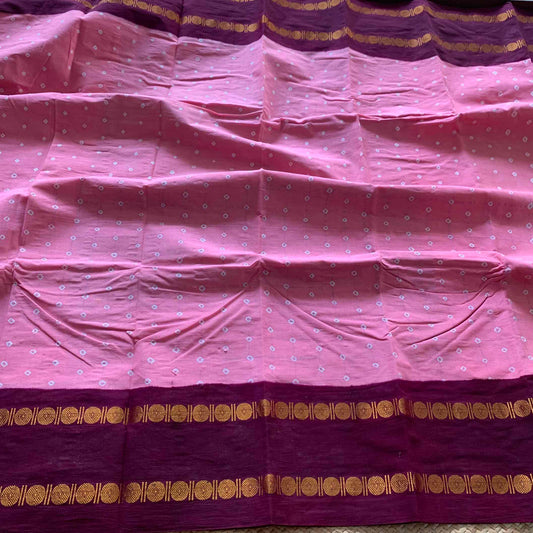 Pink Saree With Brown Border, Hand knotted Sungudi On a Rudraksham Border Cotton saree, Kaikattu Sungadi