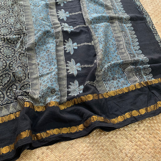 Patterned Flowers-Charcoal , Ajrak Hand Block Printed On Madurai Cotton Saree With Zari