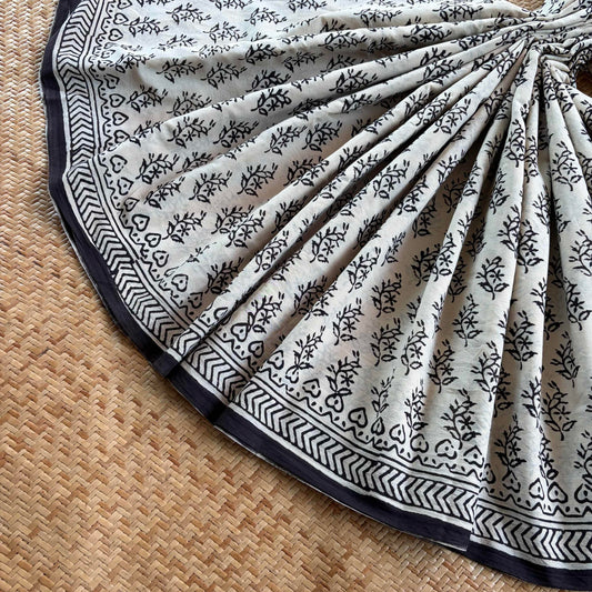 Mul Mul Cotton saree, Hand Block Printed, Cream