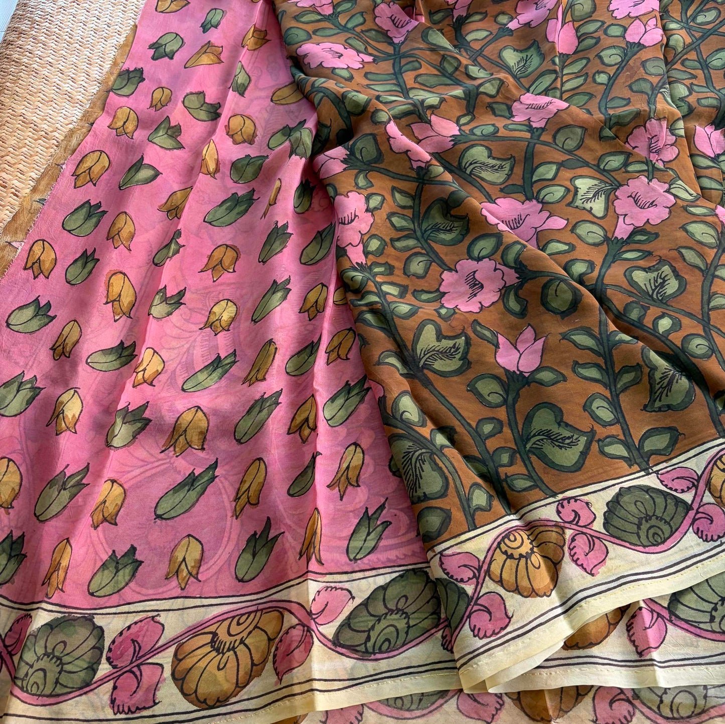 Multicoloured Kalamkari Hand Painted on Organza silk