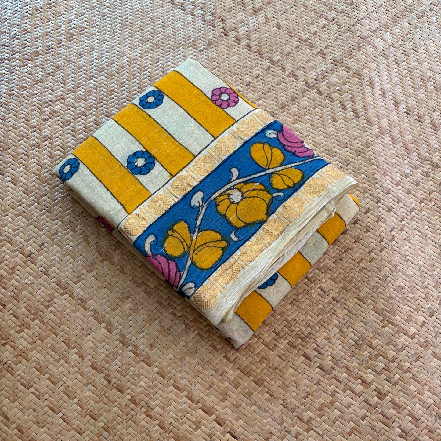 Yellow Strips Kalamkari Hand Painted on Cotton Sungudi Saree With Blouse