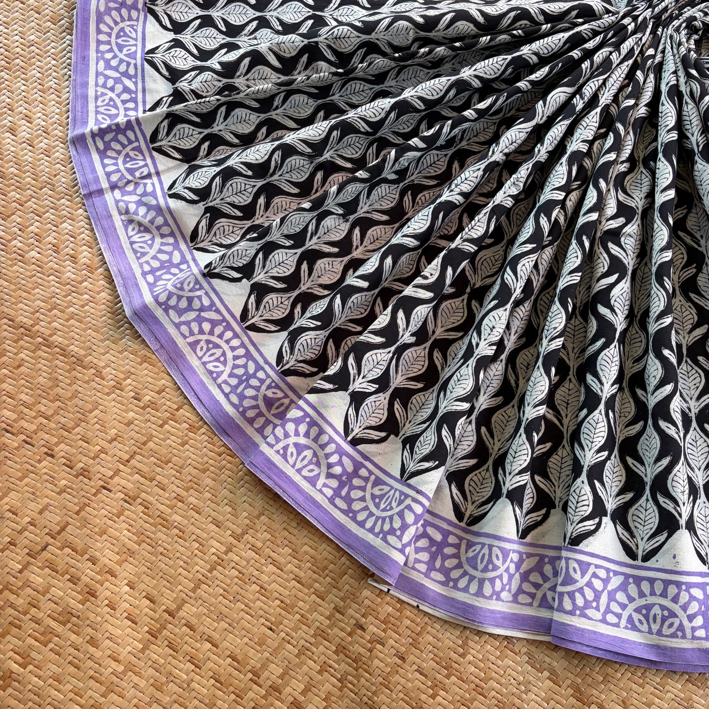 Mul Mul Cotton saree, Hand Block Printed, Black