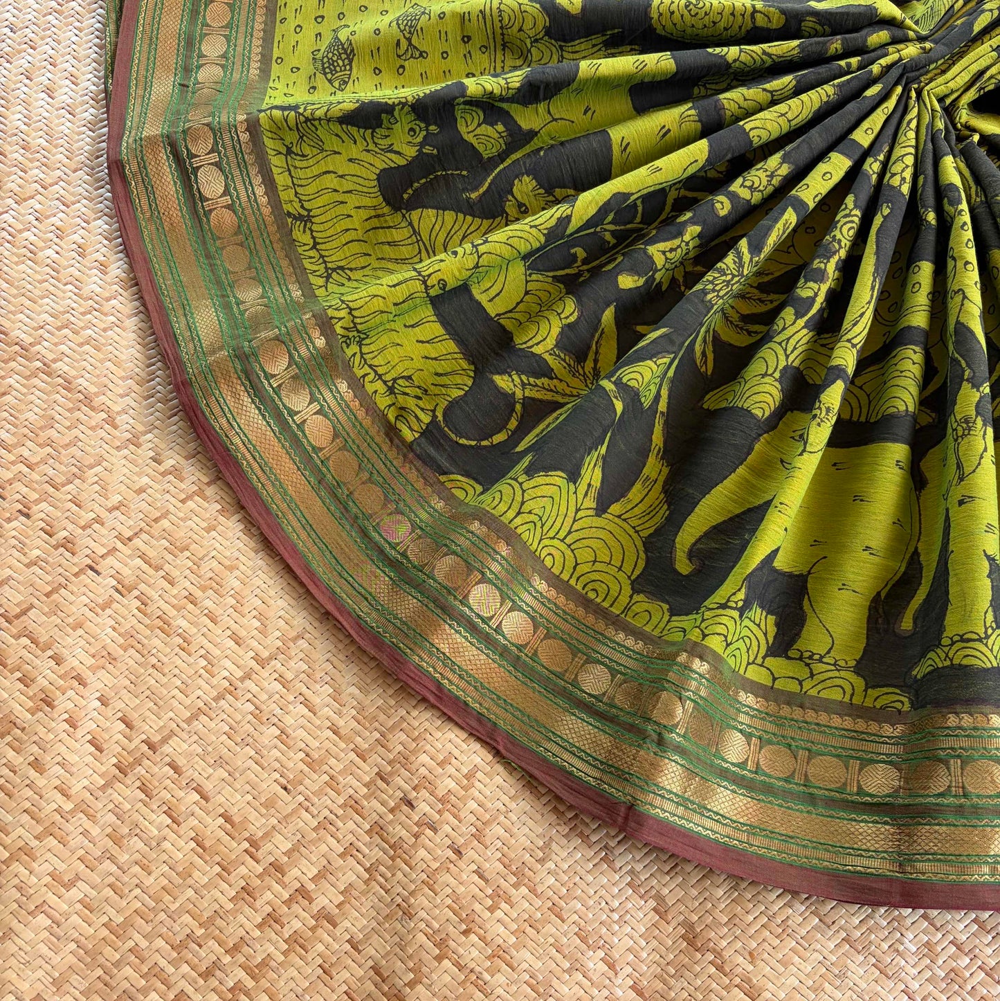 Green Forest Kalamkari Hand Painted on Chettinad Cotton saree