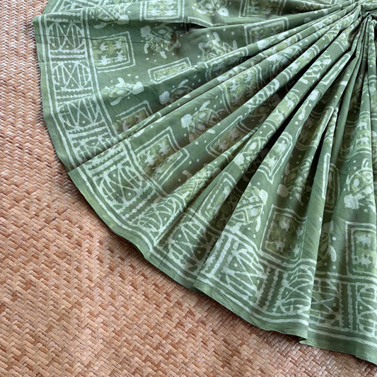 Mul Mul Cotton saree, Hand Block Printed, Green