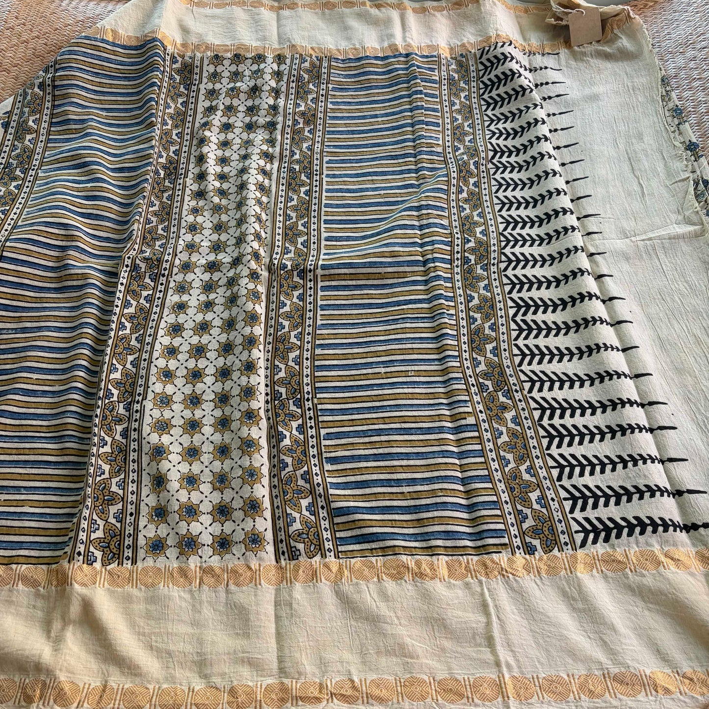 Off White, Ajrak Hand Block Printed On Madurai Cotton Saree With Zari