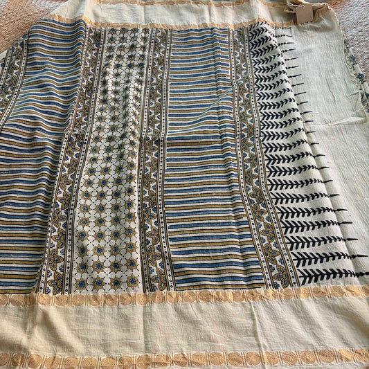 Off White, Ajrak Hand Block Printed On Madurai Cotton Saree With Zari