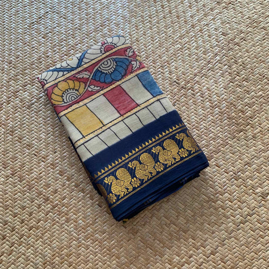 Cream Kalamkari Hand Painted on a Madurai Velthari Sungudi Cotton saree.