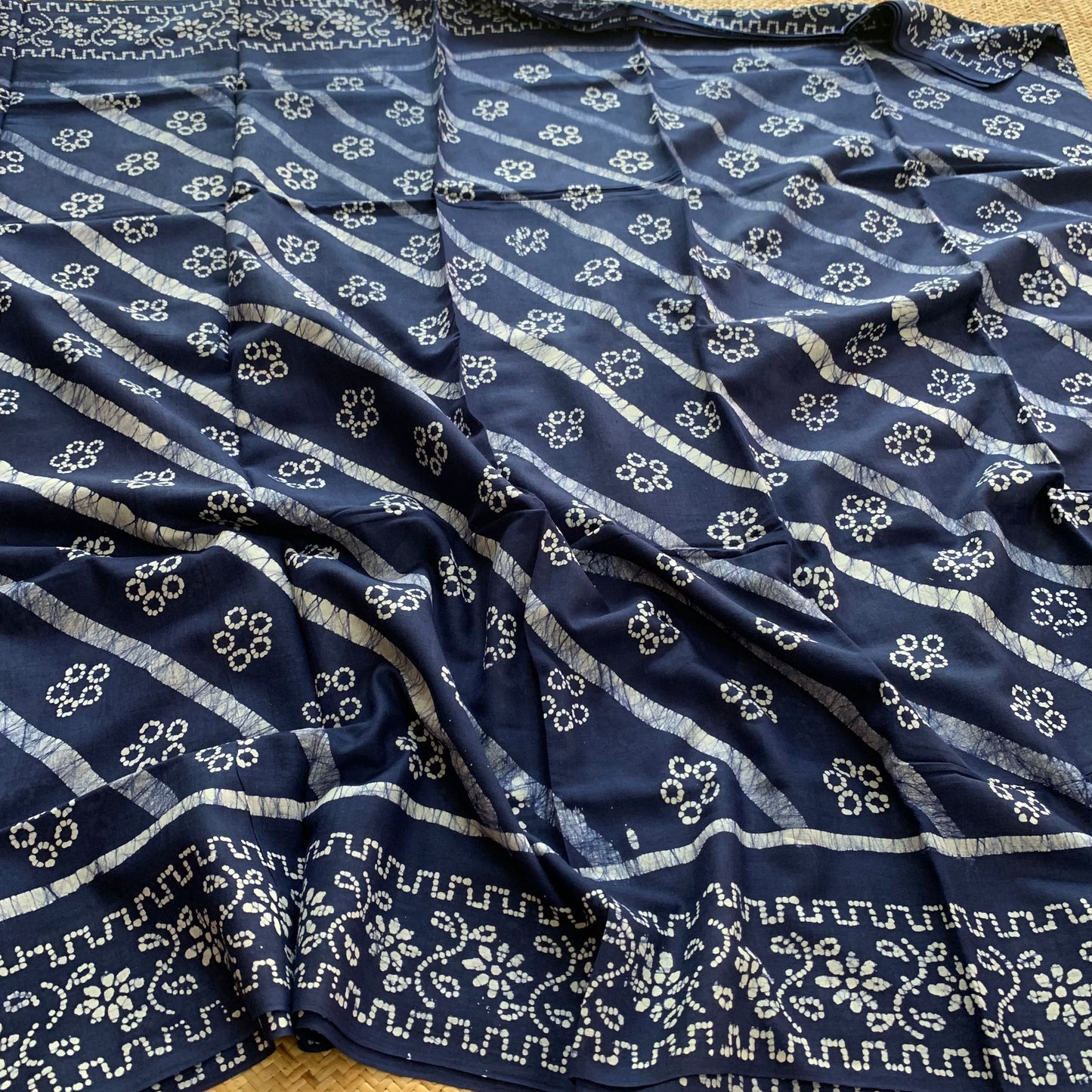 Blue Hand Crafted wax print Sungudi Mul Mul Cotton Saree