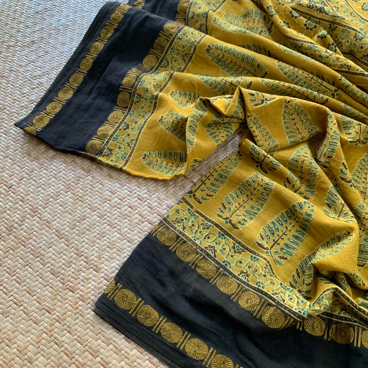 Mustard With Black , Ajrak Hand Block Printed On Madurai Cotton Saree With Zari
