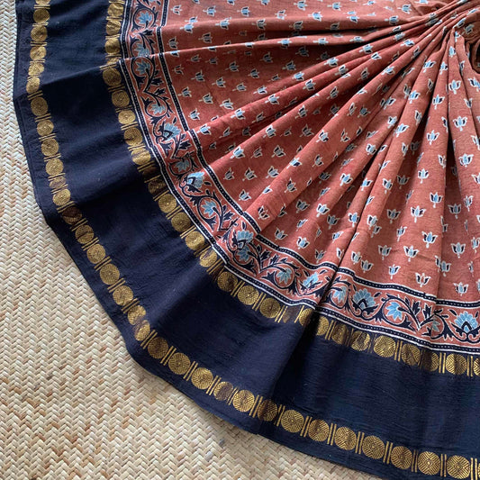 Brick Orange, Black Pallu Ajrak Hand Block Printed On Madurai Cotton Saree With Zari