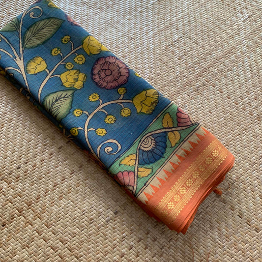 Teal, Kalamkari Hand Painted on Chettinad Cotton saree