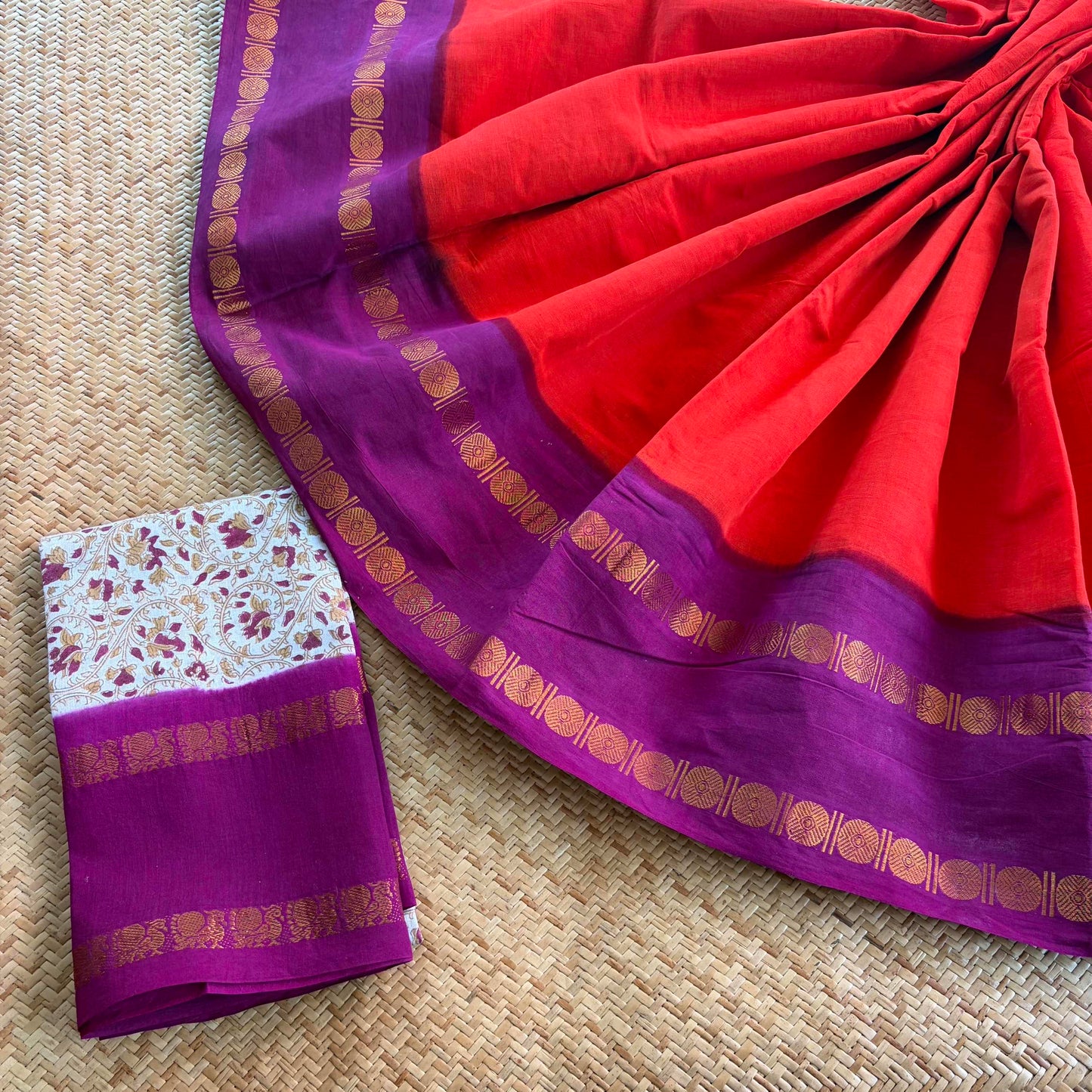 Red Saree With Hand Block Printed Blouse , Zari Rudraksham Rettai Pettu Border , Clamp dyed (Kattu sayam)