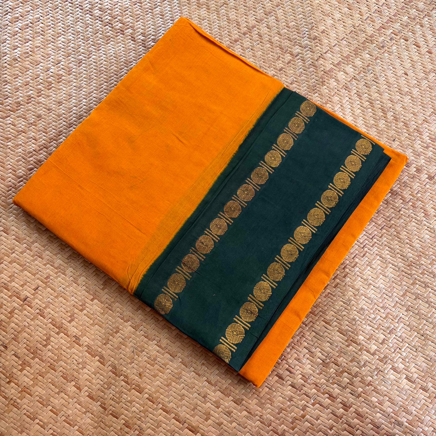Yellow Saree With Running Blouse , Zari Rudraksham Rettai Pettu Border , Clamp dyed (Kattu sayam)