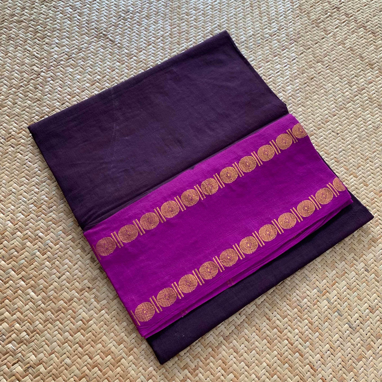 Beetle Nut brown Saree Purple Border, Zari Rudrasham Rettai Pettu Border , Clamp dyed (Kattu sayam).