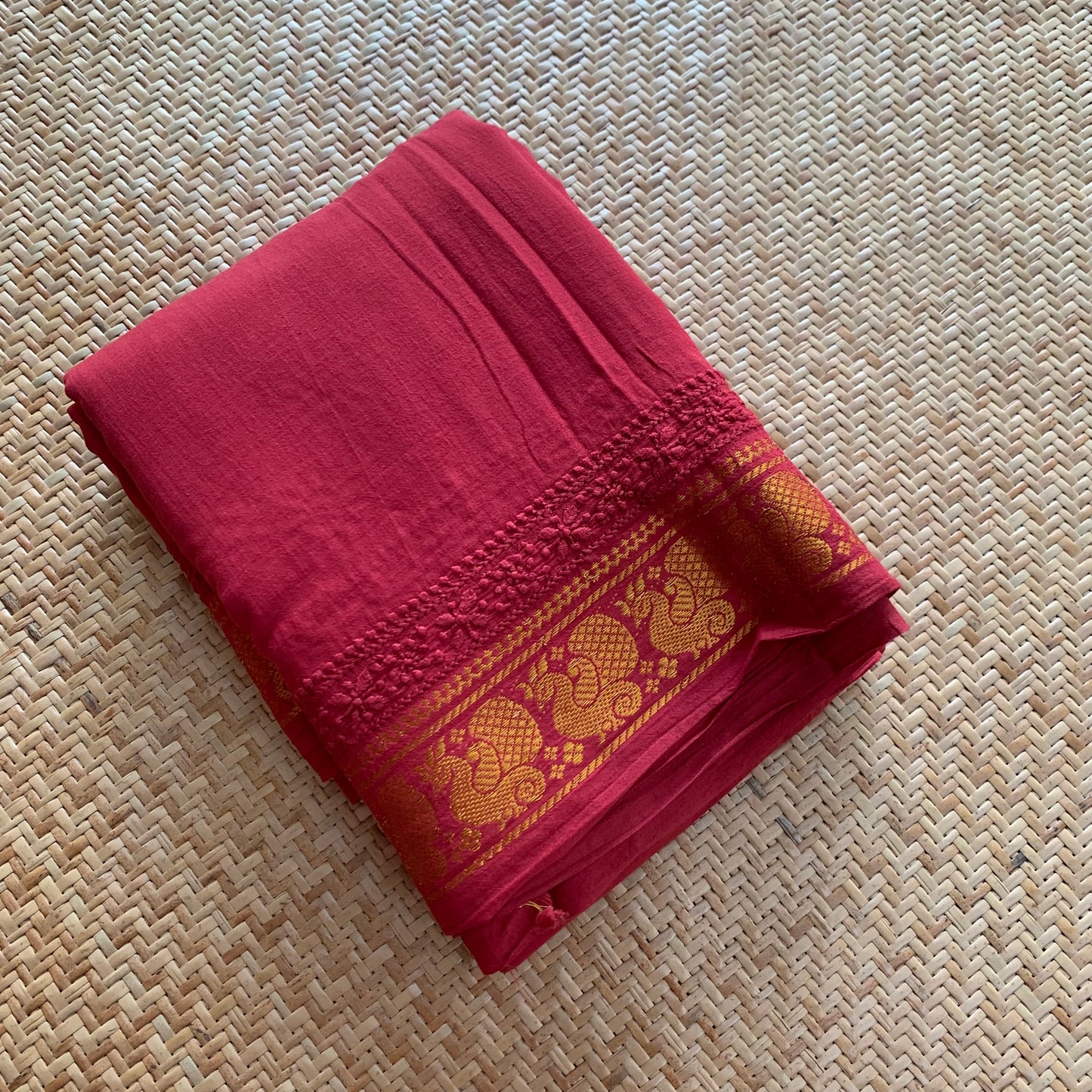 Red Maroon Chickankari Hand Embroidery on a Sungudi Cotton Saree