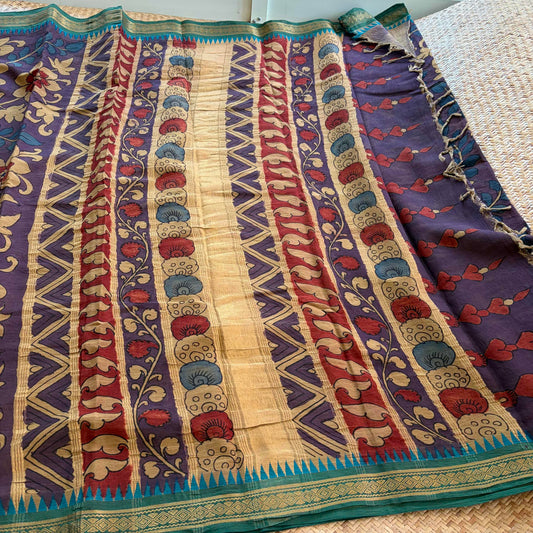 Purple Kalamkari Hand Painted on Chettinad Cotton saree