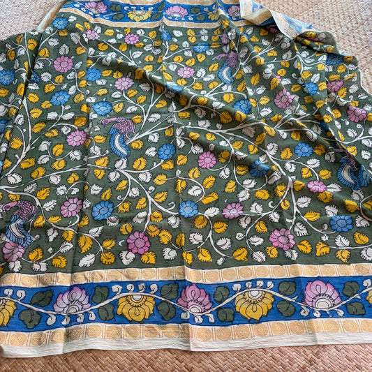 Green Floral, Kalamkari Hand Painted on a Madurai Sungudi Cotton 1.20 METER FABRIC