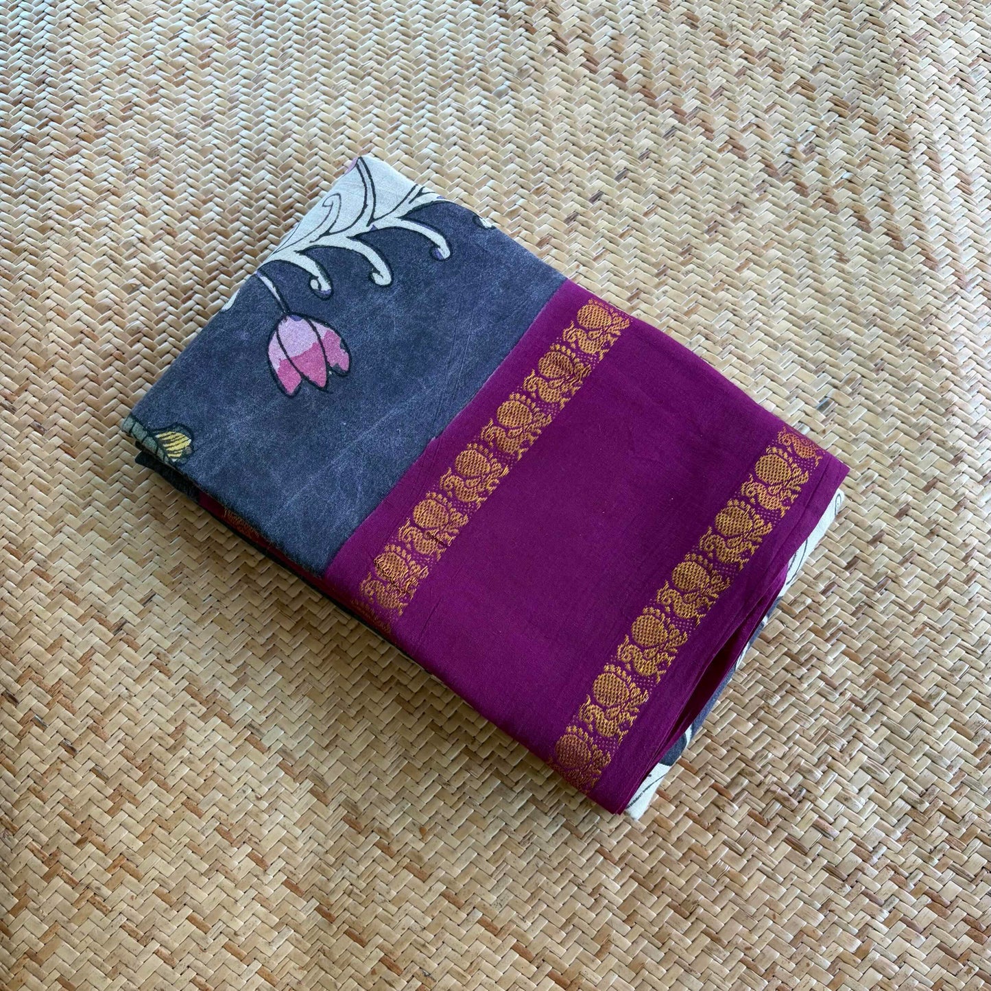 Fish, Kalamkari Hand Painted on a Madurai Sungudi Cotton saree.