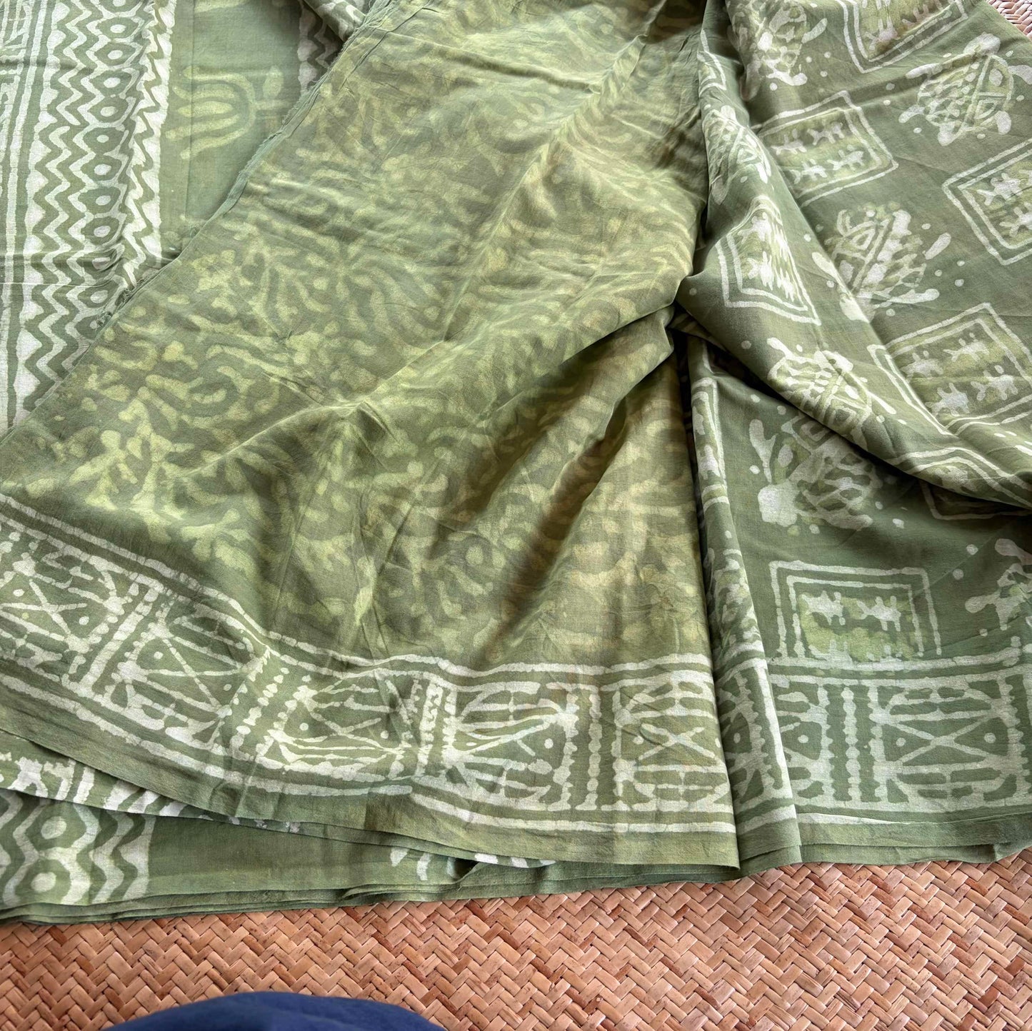 Mul Mul Cotton saree, Hand Block Printed, Green