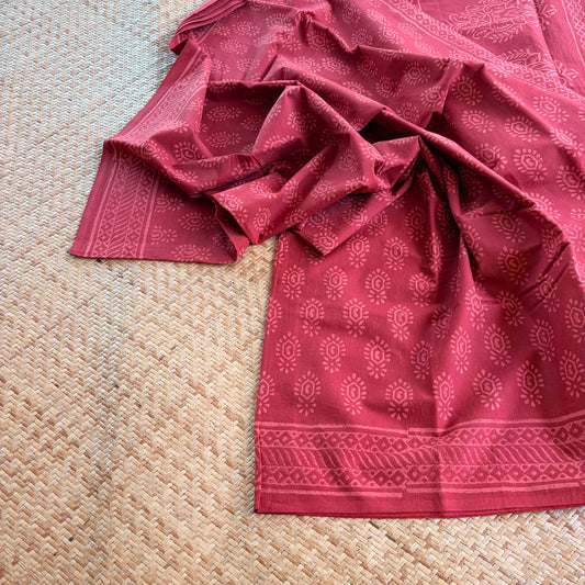 Mul Mul Cotton saree, Hand Block Printed, Maroon
