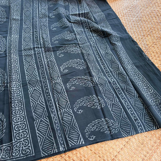 Mul Mul Cotton saree, Hand Block Printed, Grey