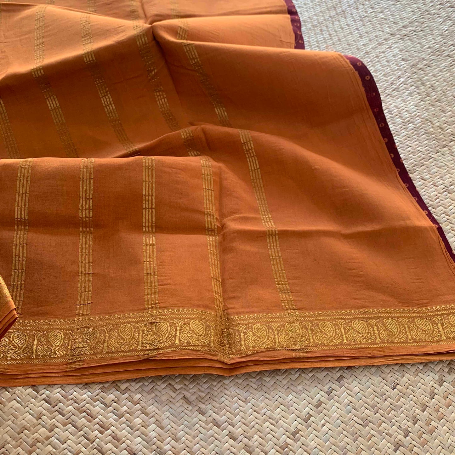 Maroon Saree With Orange Wax Print, Half Fine Zari Premium Sungudi Cotton Sarees