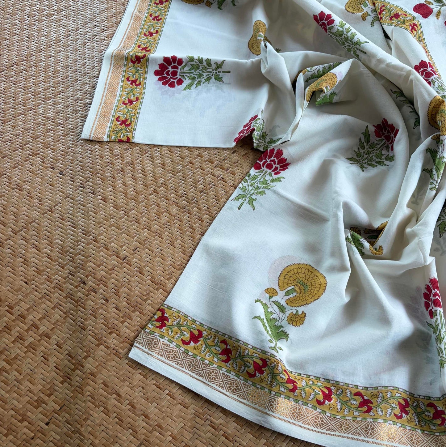 White, Jaipur Hand Block Printed On Madurai Cotton Saree With Zari