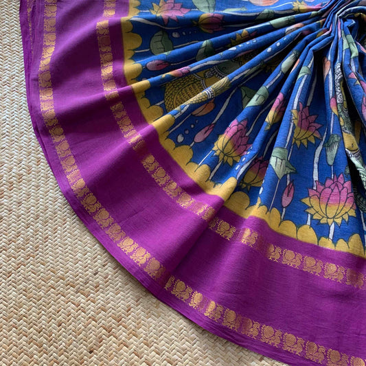 Indian Mermaid Kalamkari Hand Painted on a Madurai Sungudi Cotton saree.