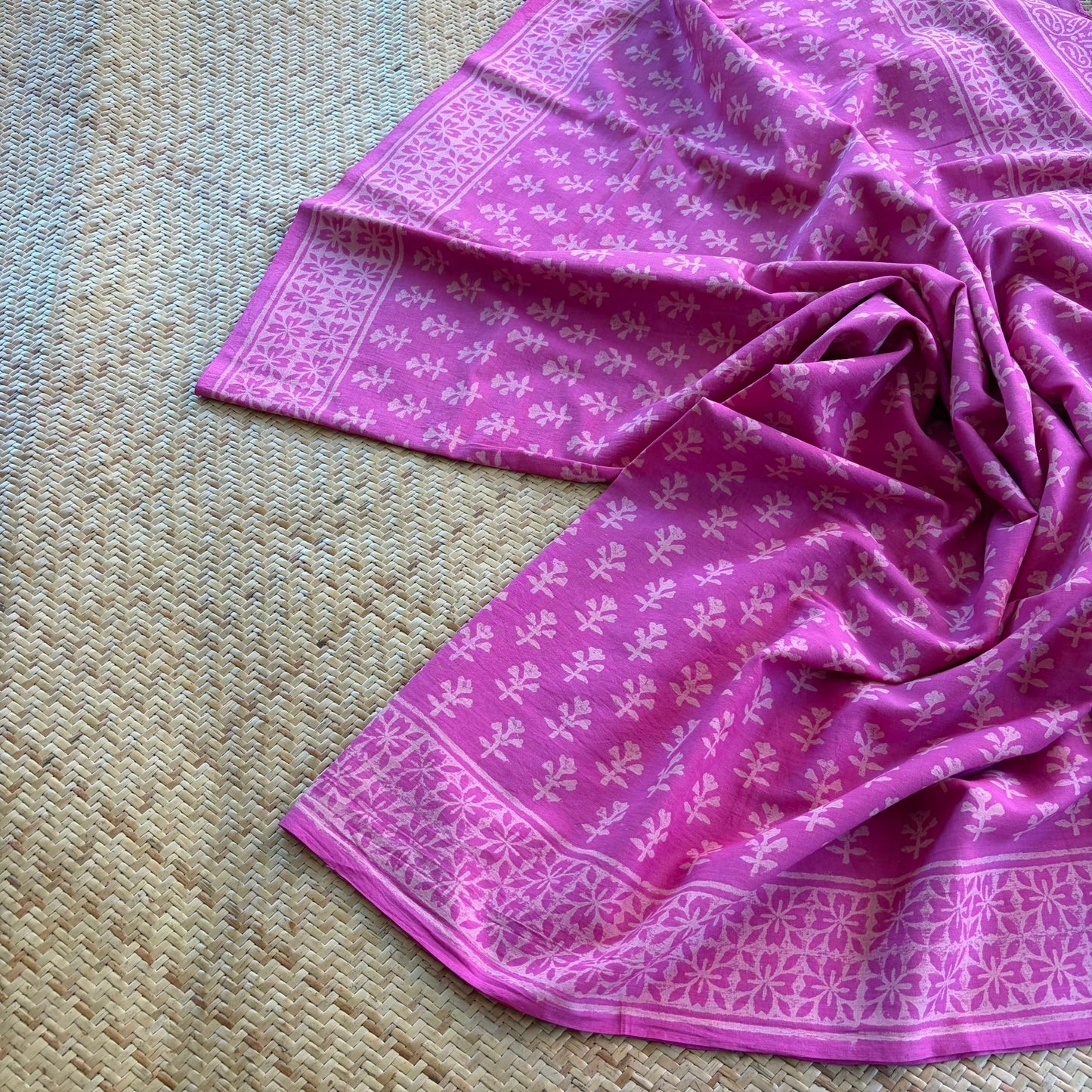 Mul Mul Cotton saree, Hand Block Printed, Pink