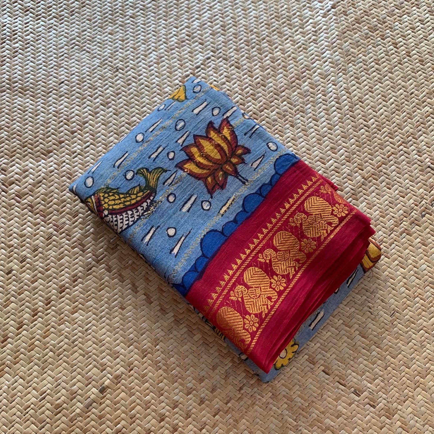 Pound- Kalamkari Hand Painted on a Madurai Velthari Sungudi Cotton saree.