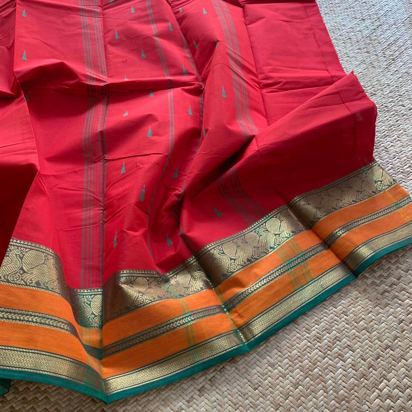 Chettinad Cotton Saree, Red Saree with Orange Border