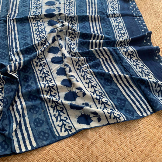 Mul Mul Cotton saree, Dabu Hand Block Printed, Indigo Blue