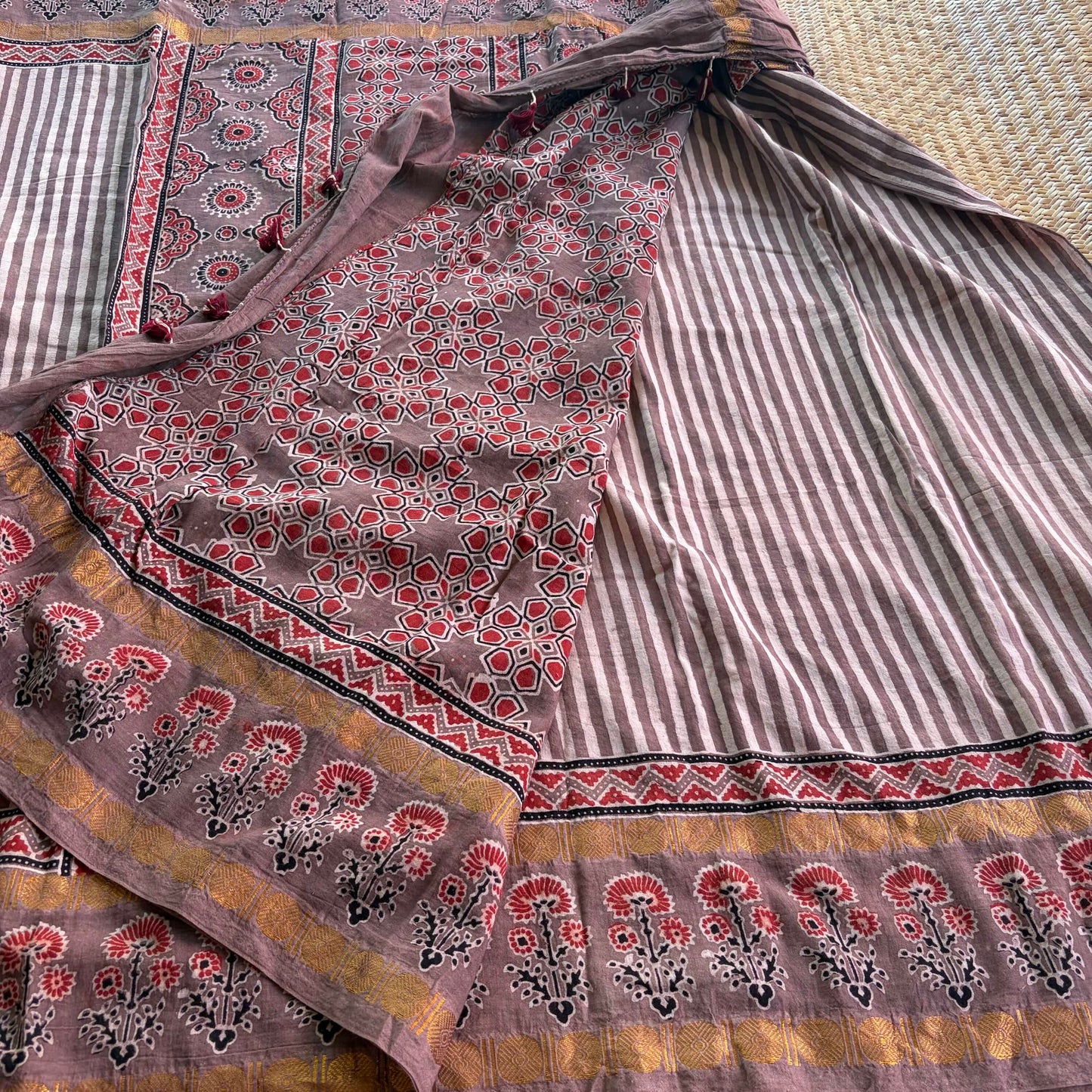 Nude, Ajrak Hand Block Printed On Madurai Cotton Saree With Zari