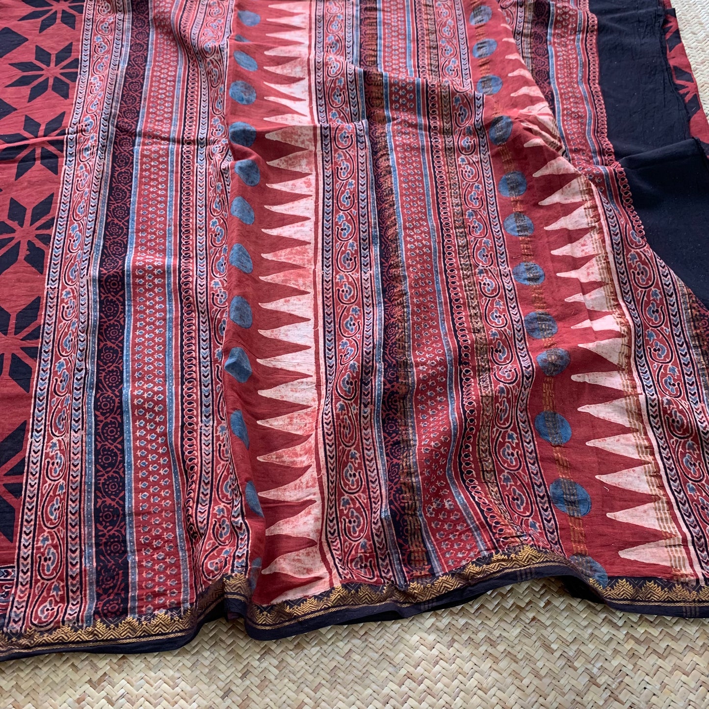 Athangudi Tiles-Red , Ajrak Hand Block Printed On Madurai Cotton Saree With Zari