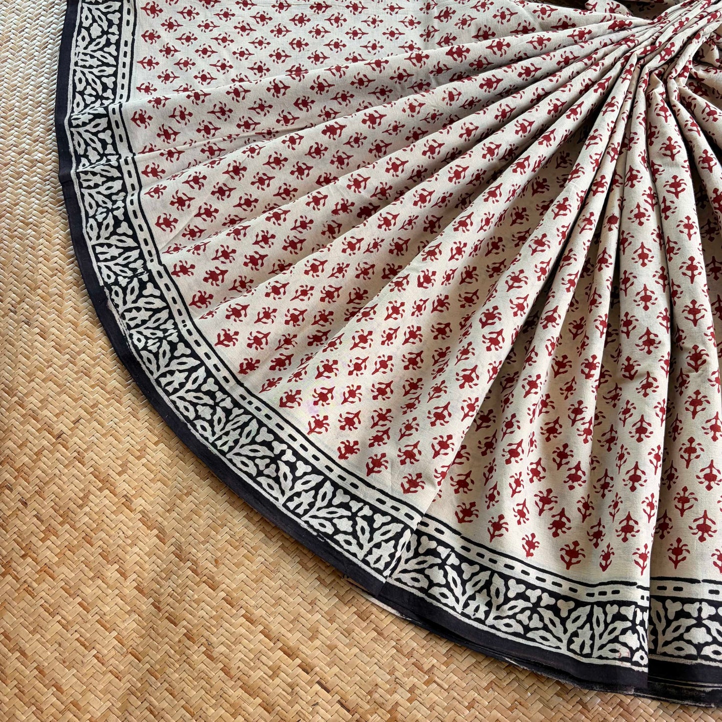 Mul Mul Cotton saree, Hand Block Printed, Beige