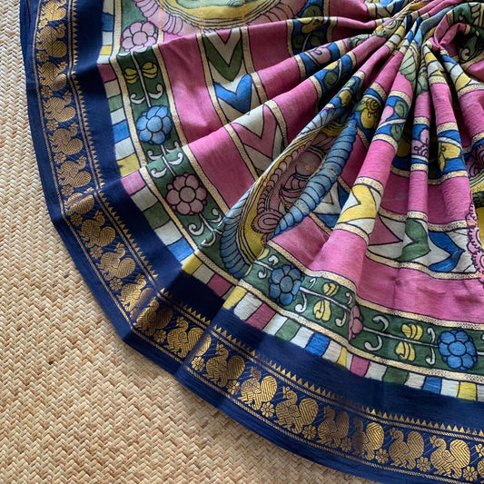 Multicoloured Kalamkari Hand Painted on a Madurai Velthari Sungudi Cotton saree.