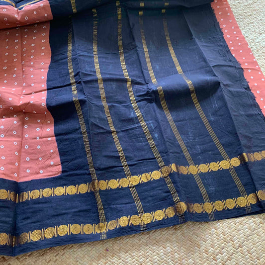 Light Brown Saree With Black Border, Hand knotted Sungudi On a Rudraksham Border Cotton saree, Kaikattu Sungadi