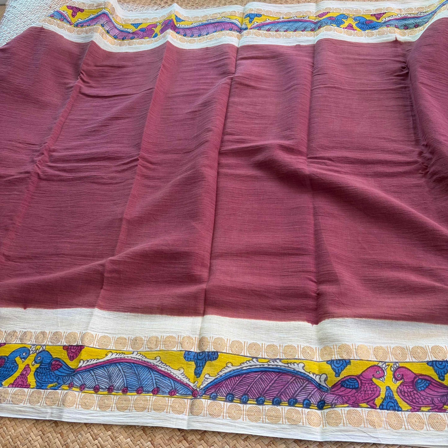 Peacock 🦚 - Kalamkari Hand Painted on a Madurai Sungudi Cotton saree. With Blouse