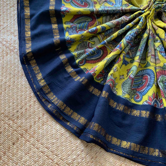 Drama , Kalamkari Hand Painted on a Madurai Sungudi Cotton saree.