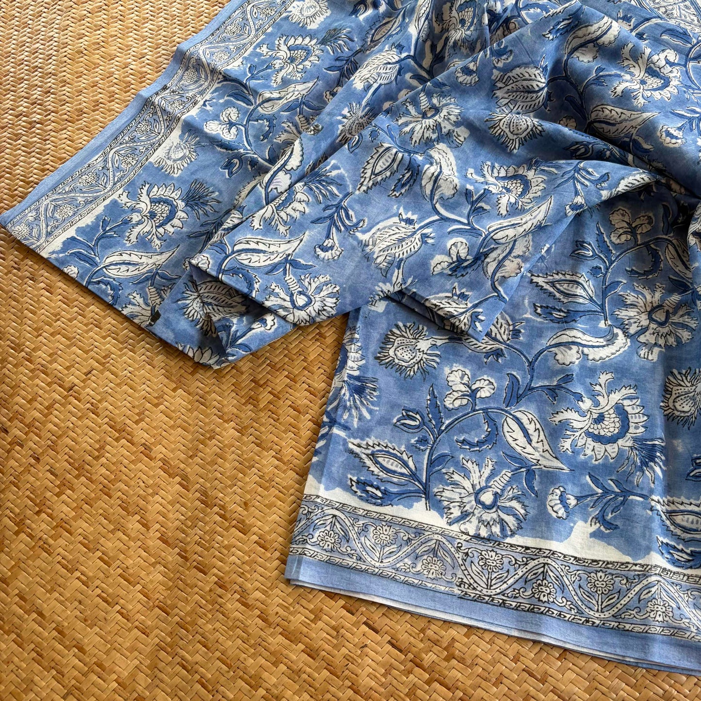 Mul Mul Cotton saree, Hand Block Printed, Blue