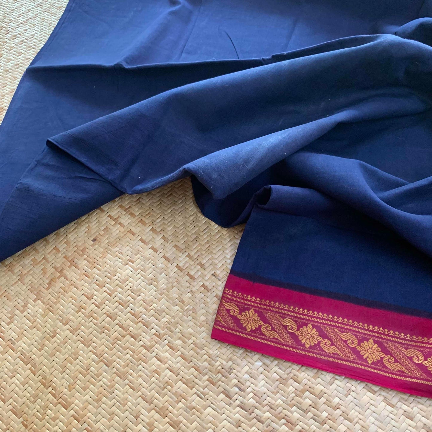 Navy Blue Saree With Pink Half Fine Zari Border, Clamp dyed (Kattu sayam).